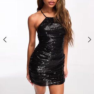 asos mini sequin dress black party strap nye short small size 2